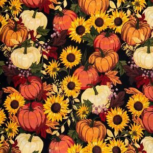 Bountiful Harvest Metallic Gold Sunflower Pumpkin Cotton Fabric - 1/2 Yard